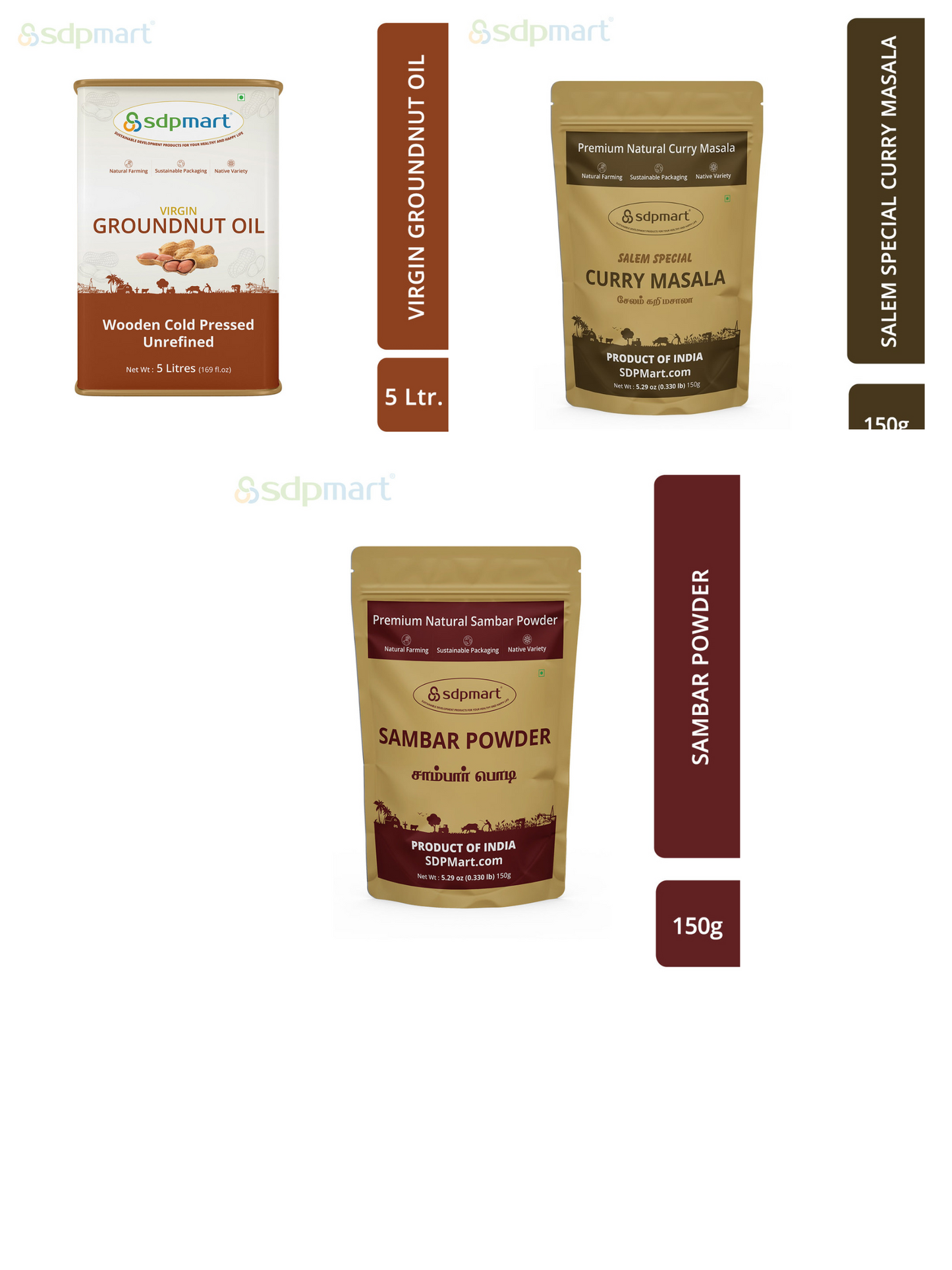 Spices Combo Pack - Salem Curry Masala / Sambar Powder/Extra Virgin PeanutOil