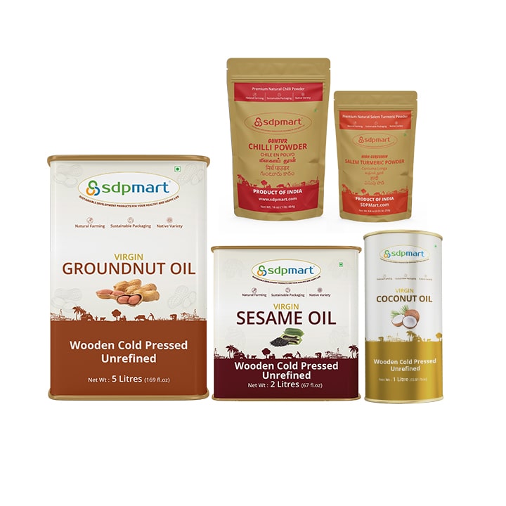 COMBO 06 - SDPMart Premium Virgin  Groundnut Oil 5 Liter & Sesame Oil 2 Liter & CoconutOil 1 Liter, Chill Powder 1 Lb, Turmeric Powder 250 Gms - SDPMart