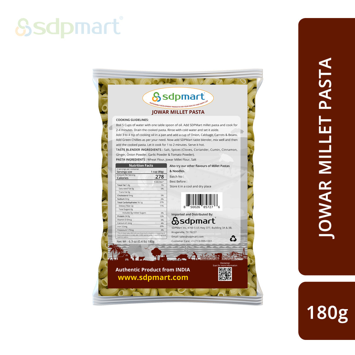 SDPMart Jowar Millet Pasta 180 Gms - SDPMart